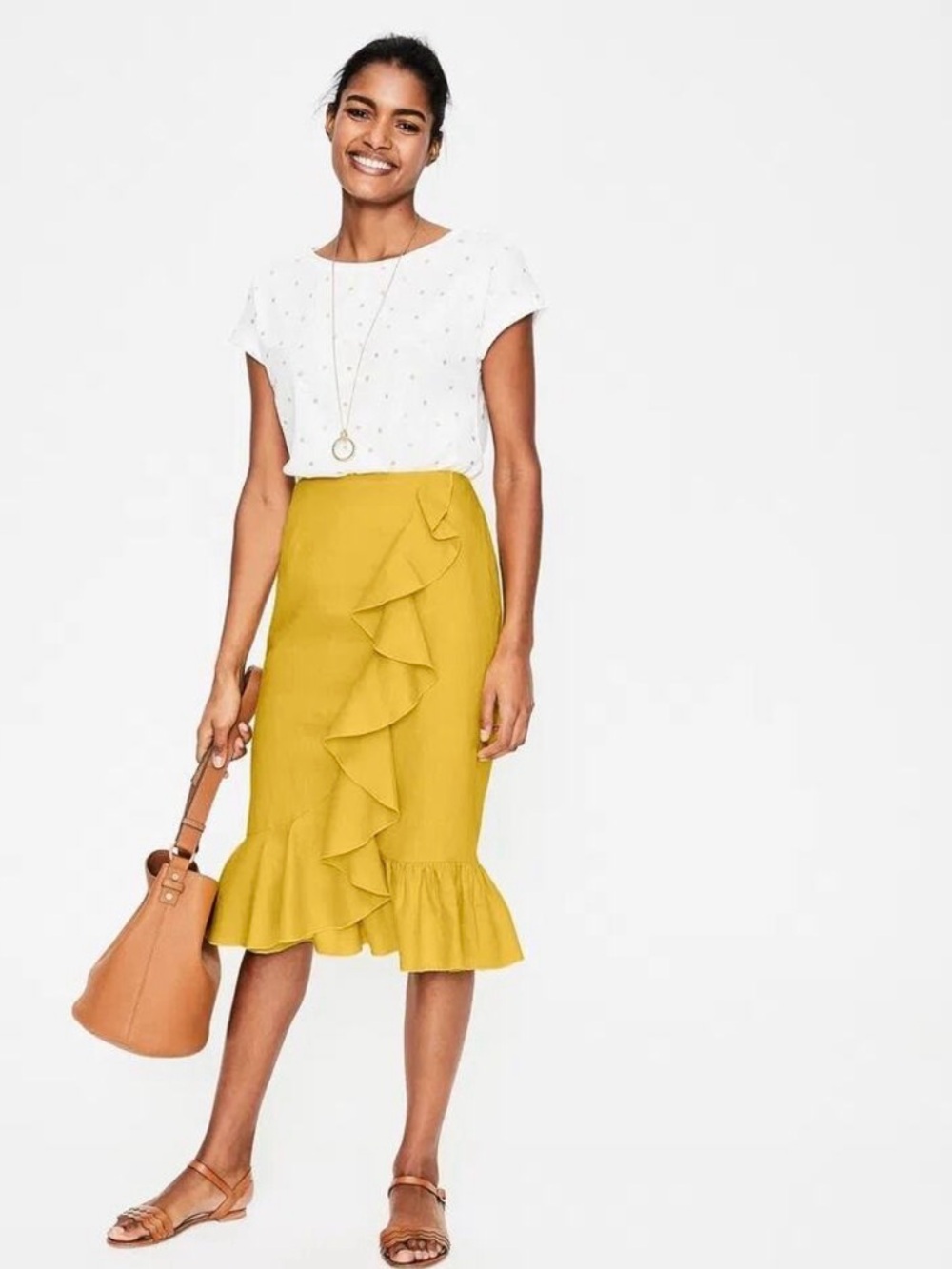 Boden Ruffle Midi Skirt in Mustard Yellow
